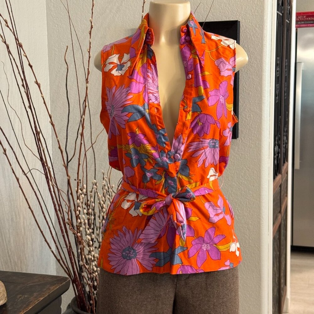 1960's Beachcomber JAMAICA Sleeveless Button Front Brightly Colored BLOUSE